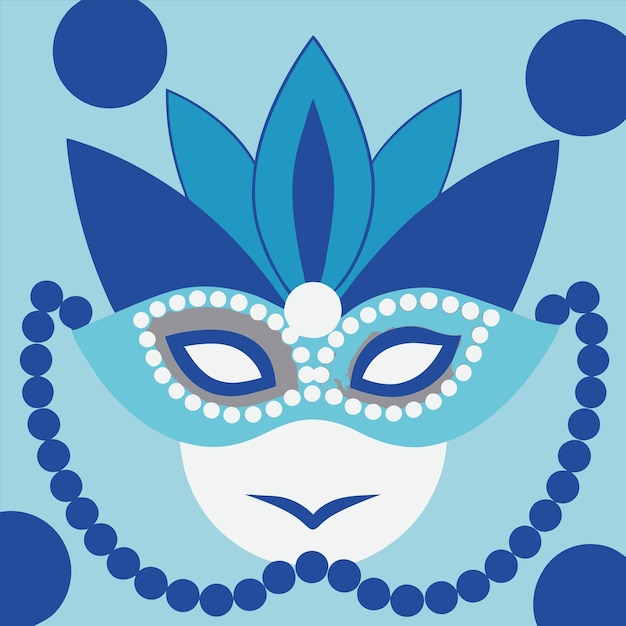 a blue and white mask with blue and white beads and a blue ribbon