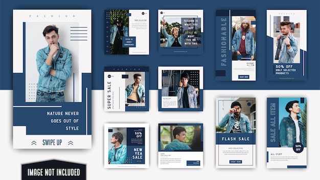 Blue white minimalist simple elegant fashion men social media instagram post and stories template