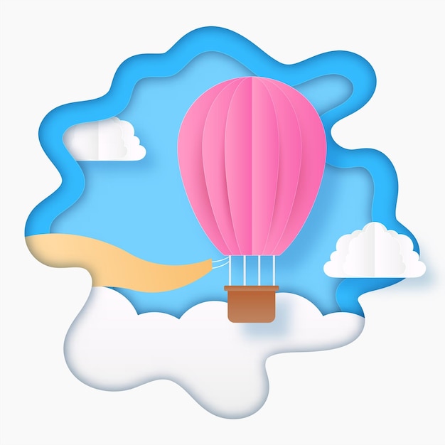 Blue And White Paper Layer Cut Background With Hot Air Balloon Blank Flag Clouds