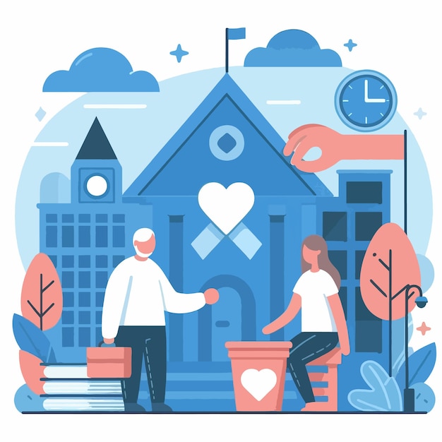 a blue and white picture of a man and woman in front of a house with a heart on it