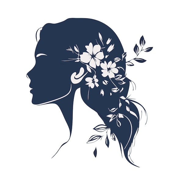 Vector a blue and white picture of a woman with flowers in her hair