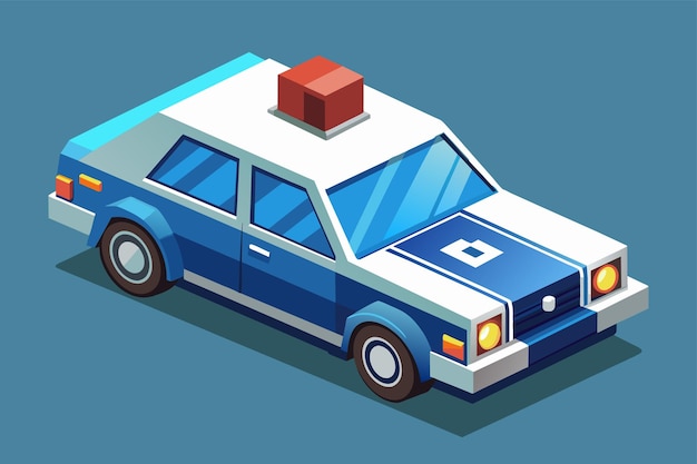 A blue and white police car parked with a red brick on top of it Police car Customizable Isometric Illustration