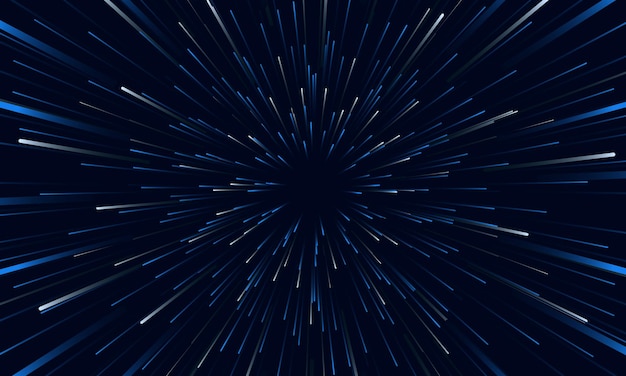 Blue and white speed lights abstract background travel through time and space. Fast movement hyper speed dark blue backdrop. Motion lines abstract futuristic vector background.