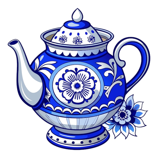 Vector a blue and white teapot with a blue flower on the top