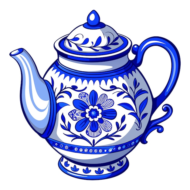 Vector a blue and white teapot with a blue flower on the top