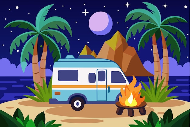 Vector a blue and white van is parked in front of a campfire