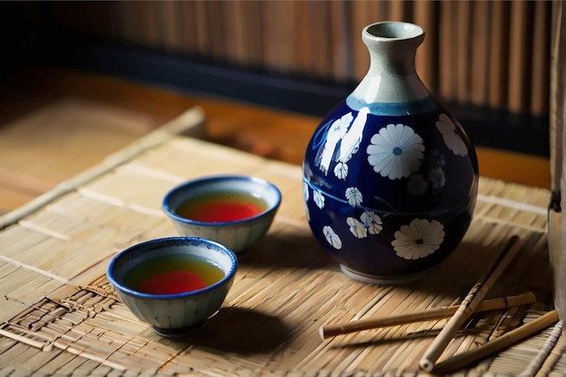 a blue and white vase with some small bowls and some other bowls