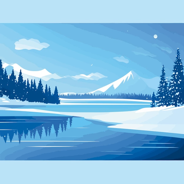 A blue and white winter scene with a snowy mountain and trees.