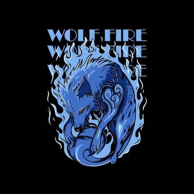 Blue wolf surrounded with flames illustration and Wolf Fire lettering on a black background