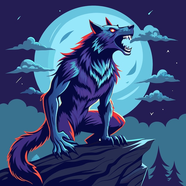 Vector a blue wolf with red eyes howls at the full moon in the night sky