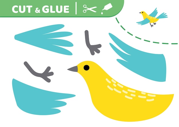 Blue yellow bird Cut and glue Flying bird Applique Paper game Vector