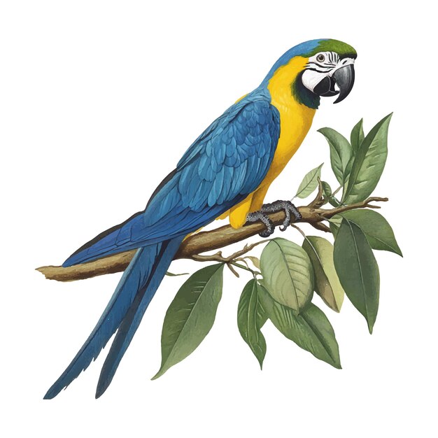 Vector blue and yellow birds perched on a branch on a white background