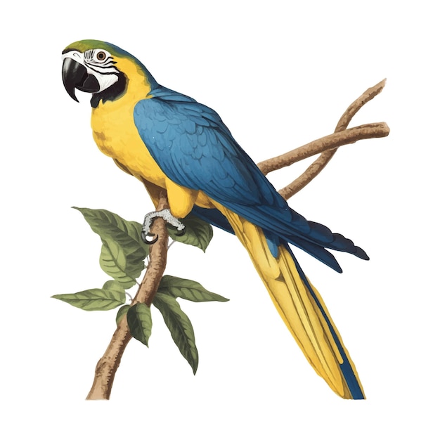 Vector blue and yellow birds perched on a branch on a white background