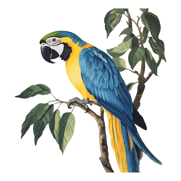 Blue and yellow birds perched on a branch on a white background