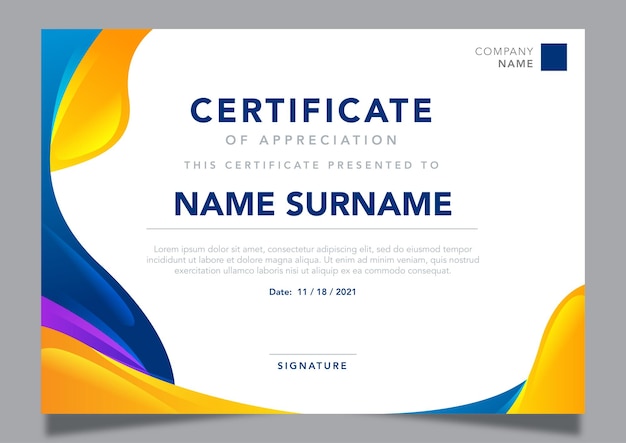 Blue and Yellow certificate of appreciation template