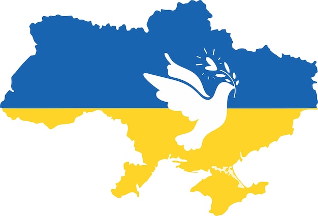 A blue and yellow flag with a dove and a map of ukraine.