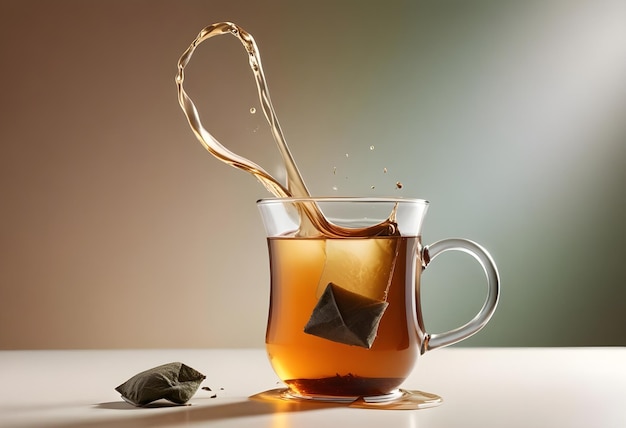 Vector a blue and yellow mug with steam rising from it sitting on a white table the background is blurred and shows a window desk and phone