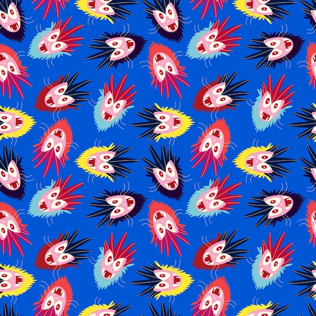 A blue and yellow pattern of cartoon faces with red eyes and mouths