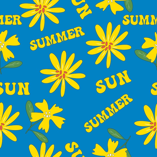 Blue and yellow seamless pattern with fantastic flowers and words summer and sun