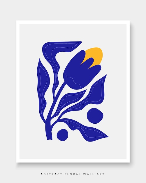 A blue and yellow tulips poster with a blue flower on the wall.