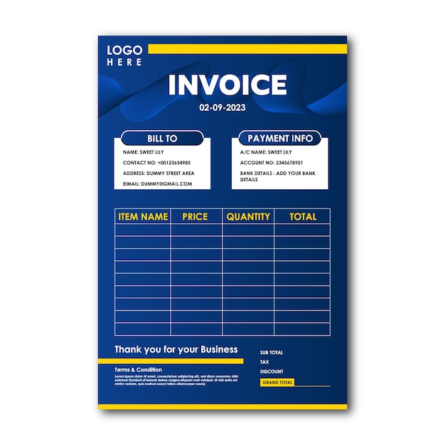 Blue and yellow vector invoice template design