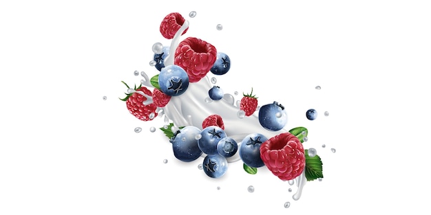 Blueberries and raspberries and a splash of yogurt or milk on a white background.