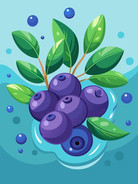 Vector blueberries with green leaves in aqua water