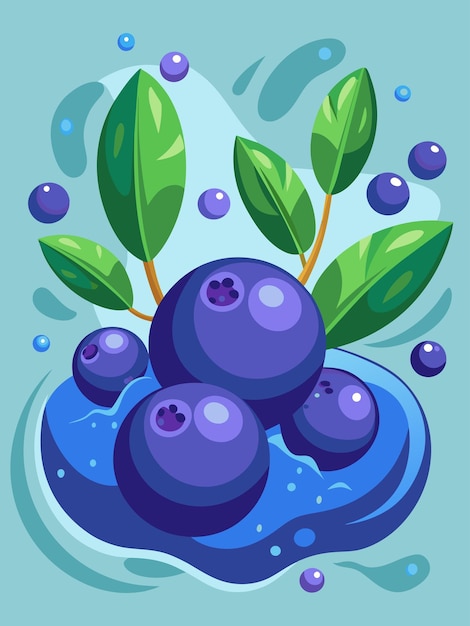 Vector blueberries with green leaves and blue drops