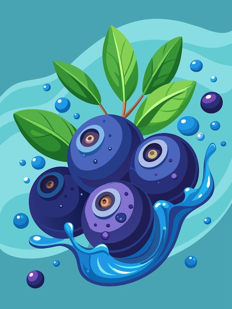 Vector blueberries with green leaves and blue water splashes