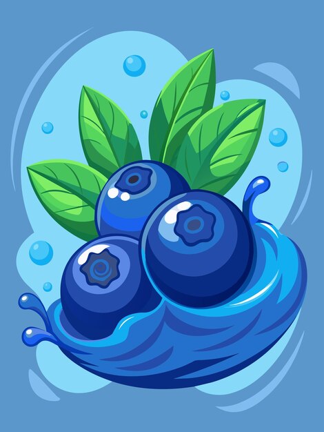 Vector blueberries with green leaves splashing in blue liquid