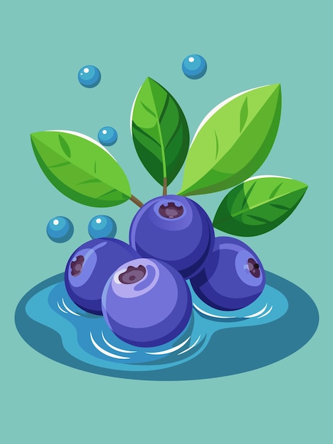 Vector blueberries with green leaves and water droplets