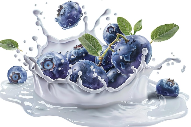 Blueberries with splashes of fresh water closeup on white background