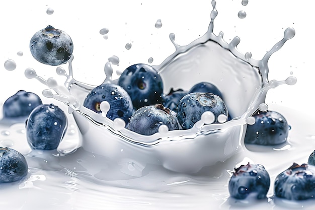 Blueberries with splashes of fresh water closeup on white background