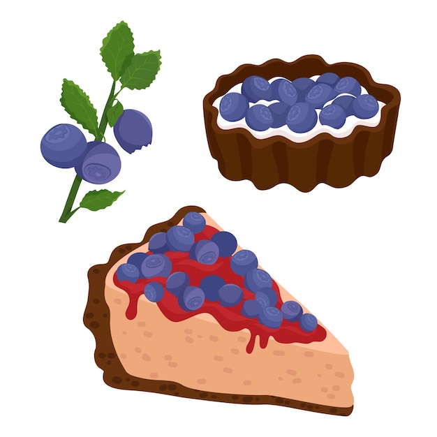 Blueberry heap with green leaves cheesecake and cake ith blueberry design element