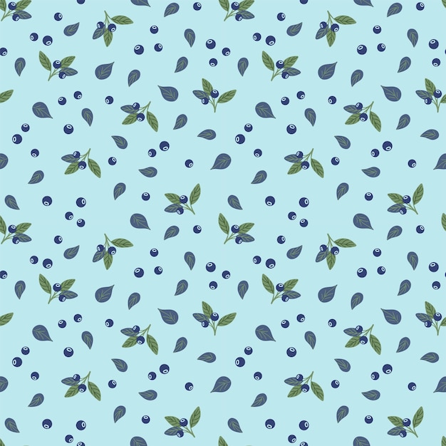 Blueberry vector seamless pattern. Flat style hand drawn illustration with leaves and berries.