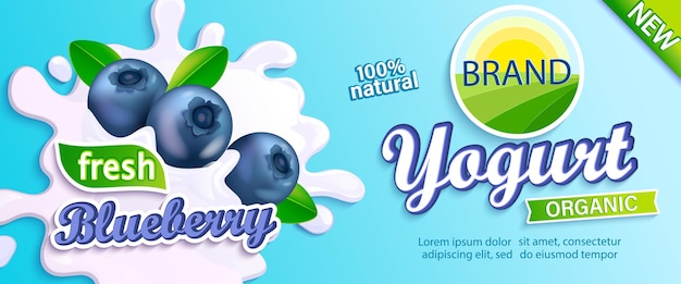 Vector blueberry yogurt label natural and fresh berries in milk splashes for your brand logo emblem