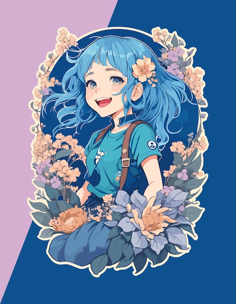 Bluehaired Girl Floral Fantasy Vector Illustration for Stickers Logos and TShirt Prints