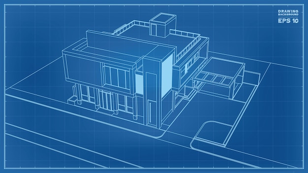 Blueprint Perspective. 3D render of tropical house wireframe. Vector illustration of house construction idea.