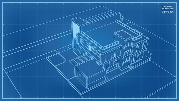 Blueprint Perspective. 3D render of tropical house wireframe. Vector illustration of house construction idea.