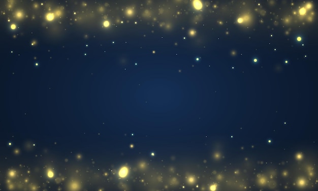 Blurred bokeh light on blue background Glitter defocused blinking stars Christmas gold sparks Vector