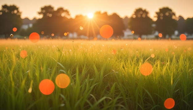 Vector a blurred image of a field of green grass with a bright sunlit sky in the background bokeh circles add a dreamy and magical effect