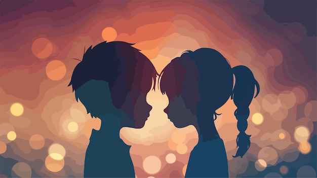 Vector blurred silhouette caricature of a boy and girl with short hair