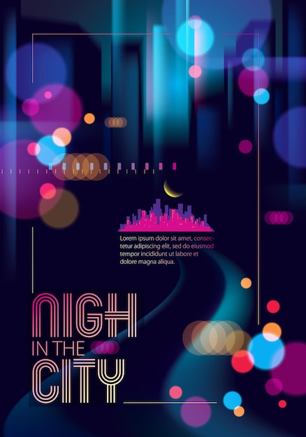 Vector blurred street lights, urban abstract background. effect vector beautiful art. big city nightlife. blur colorful dark background with cityscape, buildings silhouettes. brochure, flyer, cover, poster o