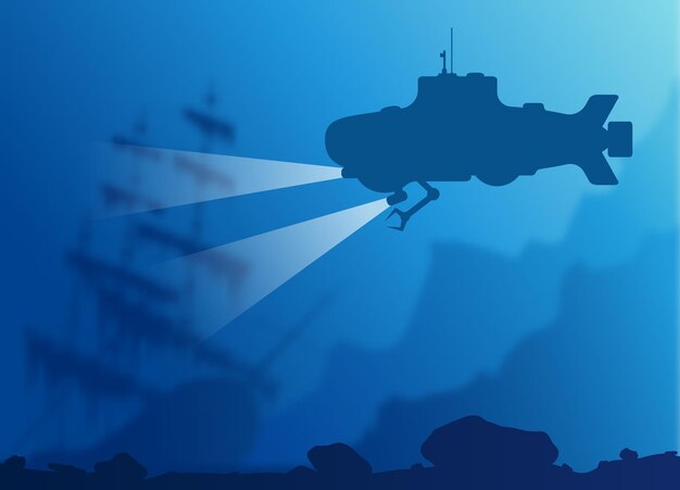 Blurred underwater background with blue submarine silhouette and old sunken ship. Vector illustration EPS10.