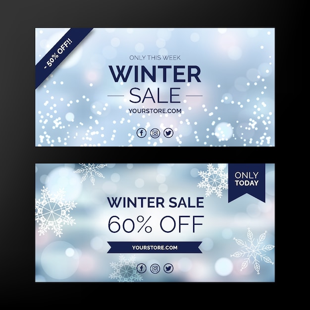 Blurred winter sale banners with snowflakes