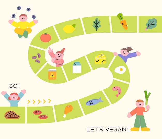 Board game concept vegan map. Healthy food is laid out on the road.