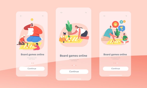 Board Games Online Mobile App Page Onboard Screen Template. Happy Family Sparetime, Kids and Parents Playing Boardgames