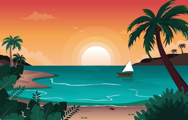 Boat Beach Landscape View Sea Vacation Holiday Tropical Vector Illustration