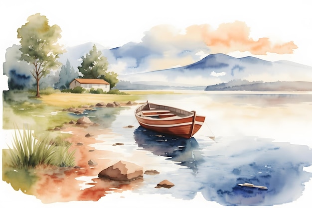 Vector boat on the beach watercolor painting of calm waters vector watercolor illustration