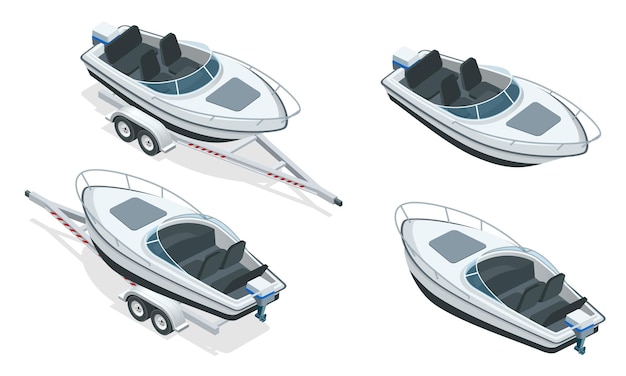 Boat or cutter on a trailer. The launching of a small motor boat at a ramp. Flat 3d isometric high quality water transport.